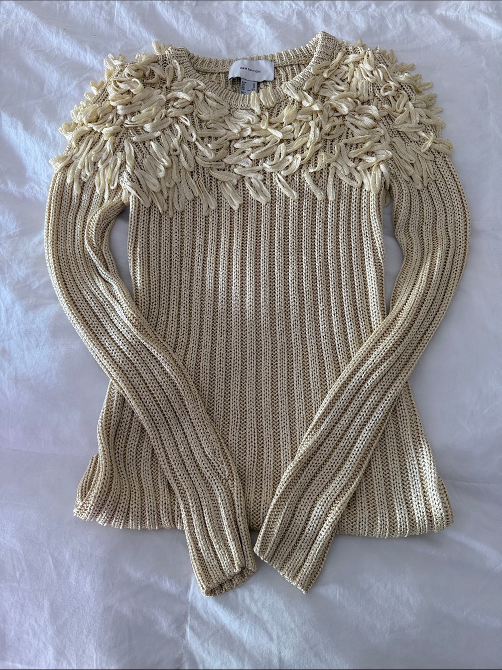 H&M Gold Ribbed Crewneck Sweater with Raffia Fringe